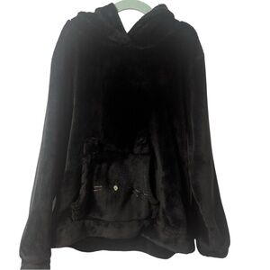 H&M Girls Fuzzy Cat Hoodie Black 8-10 Plush Cat Face Sweatshirt Soft Cozy